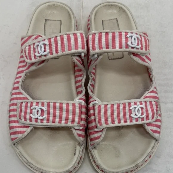 Chanel Printed Calfskin Velcro Dad Flat Mules Sandals Red Stripe 38 EU / 8 US - Picture 3 of 10
